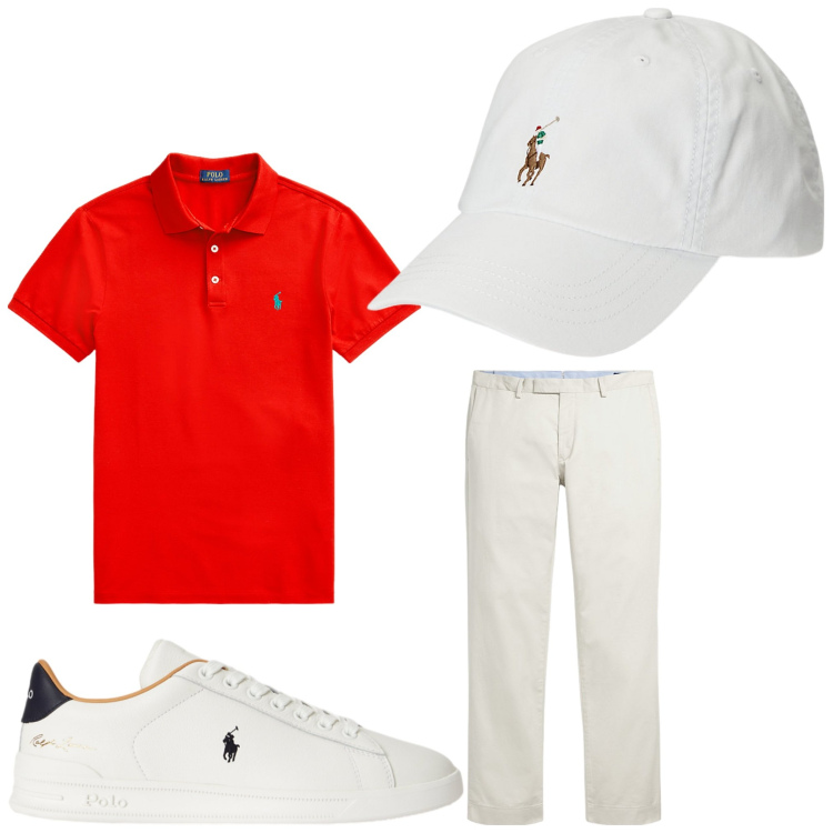 Outfit uomo - Mr. Red. Stile Casual per Tutti i giorni. Abbinamento con polo, pantaloni chino, cappelli, sneakers.