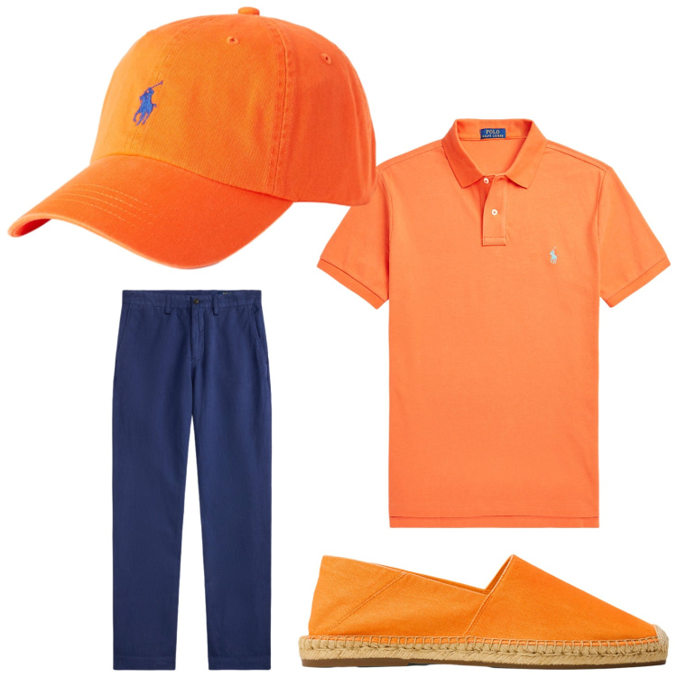 Outfit uomo - Vitamina. Stile Casual per Tutti i giorni. Abbinamento con polo, pantaloni, cappelli con visiera, espadrillas.