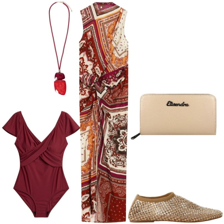Outfit donna - Vacanza ad agosto. Stile Trendy per Tutti i giorni. Abbinamento con costumi interi, ballerine, vestiti lunghi, ciondoli, portafogli.