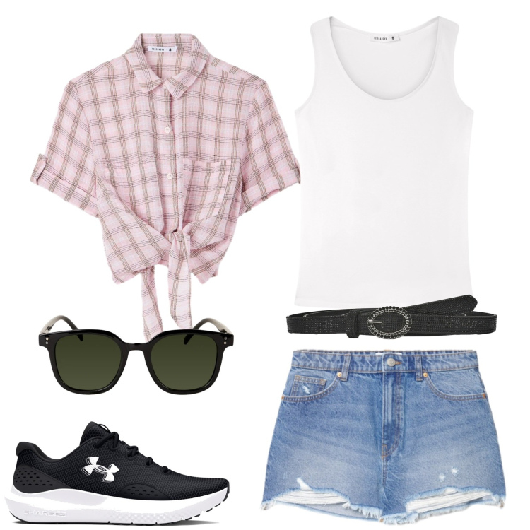 Outfit donna - Pranzo in baita. Stile Casual per Tutti i giorni. Abbinamento con top, camicie a manica corta, shorts, cinture, occhiali da sole, scarpe sportive.