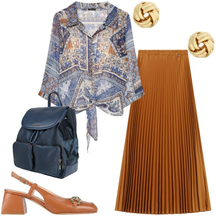 Outfit donna - Total look #2445790. Stile Chic per Ufficio. Abbinamento con zaini, décolleté, gonne lunghe, bluse, orecchini.