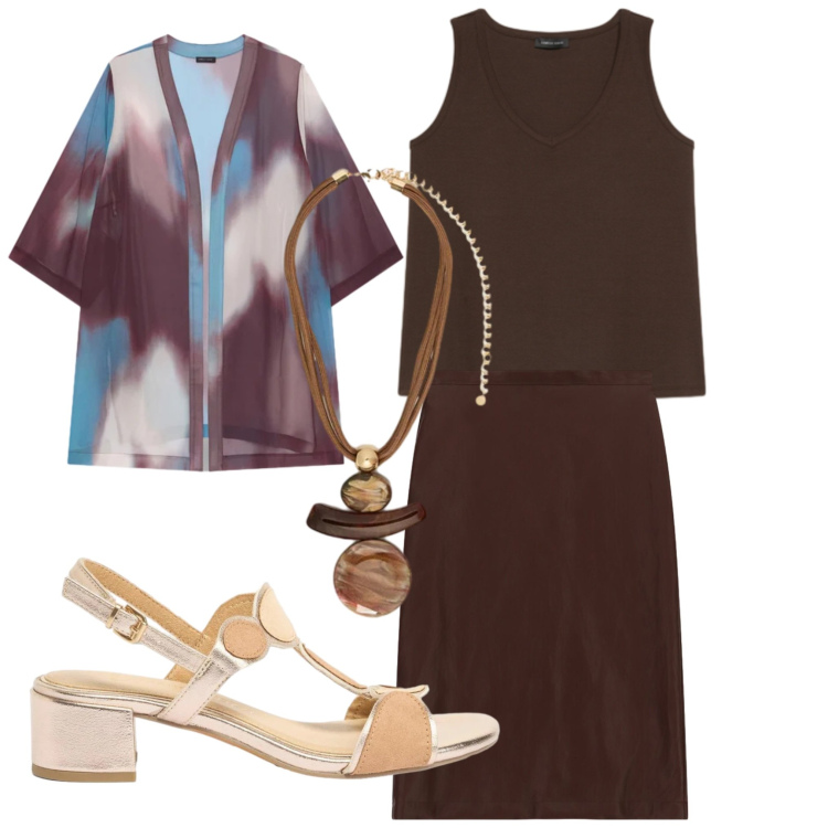 Outfit donna - Cielo e terra. Stile Casual chic per Tutti i giorni. Abbinamento con sandali col tacco, gonne longuette, canottiere, kimono, ciondoli.