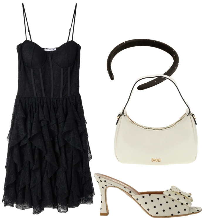 Outfit donna - Total look #2445795. Stile Chic per Serata fuori. Abbinamento con vestiti corti, sandali col tacco, cerchietti, borse a tracolla.