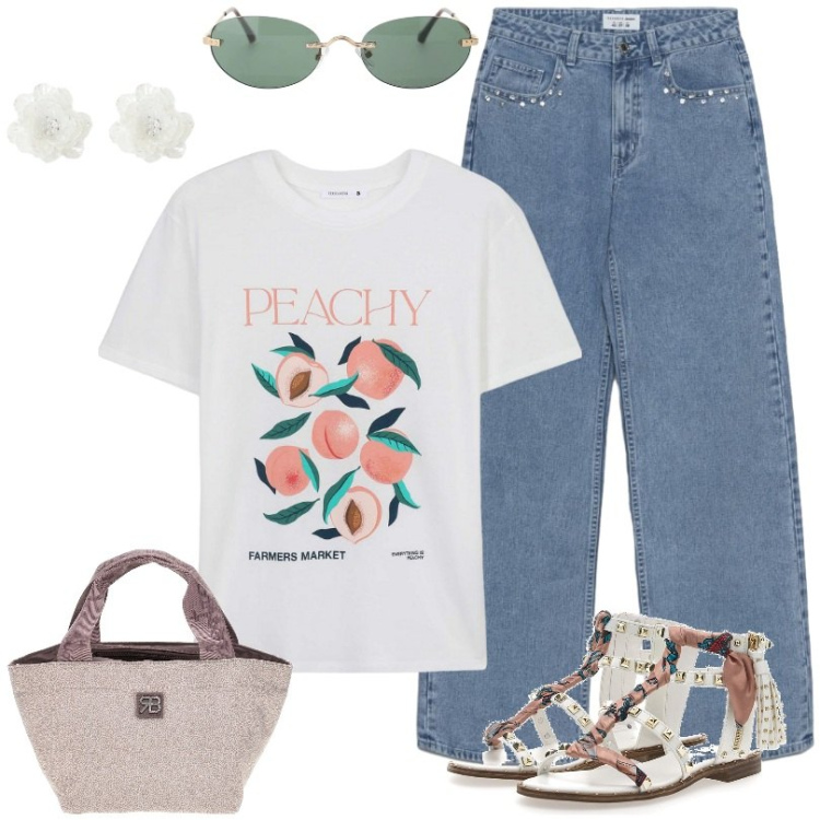 Outfit donna - Look estivo e rilassato. Stile Basic per Tutti i giorni. Abbinamento con t-shirt, jeans, occhiali da sole, orecchini, sandali, borse a mano.