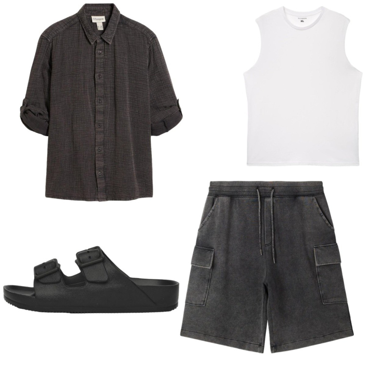 Outfit uomo - Camicia aperta d\'estate. Stile Trendy per Tutti i giorni. Abbinamento con camicie, bermuda, sandali, canottiere.