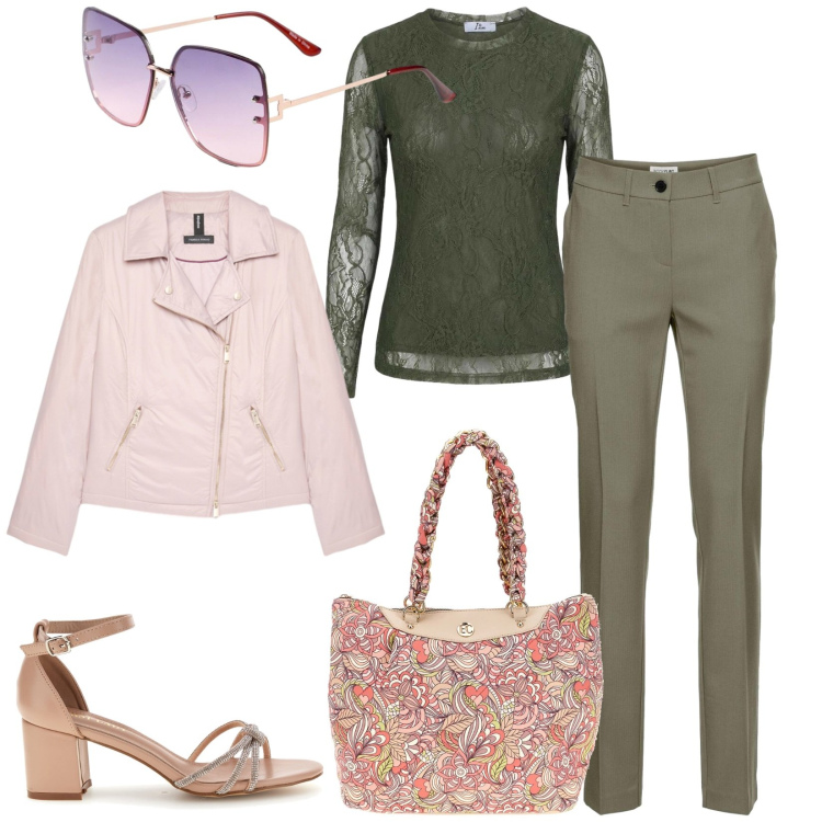 Outfit donna - Total look #2445808. Stile Casual chic per Serata fuori. Abbinamento con occhiali da sole, pantaloni, top, piumini, sandali col tacco, borse a spalla.