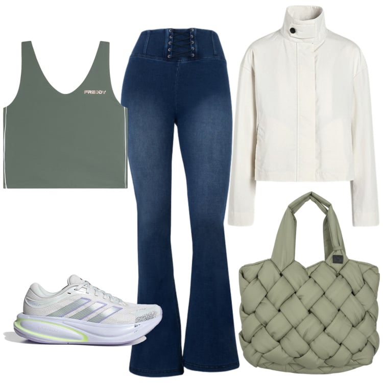 Outfit donna - Stile da montagna. Stile Sporty chic per Tutti i giorni. Abbinamento con pantaloni, top sportivi, borse tote, bomber, scarpe sportive.