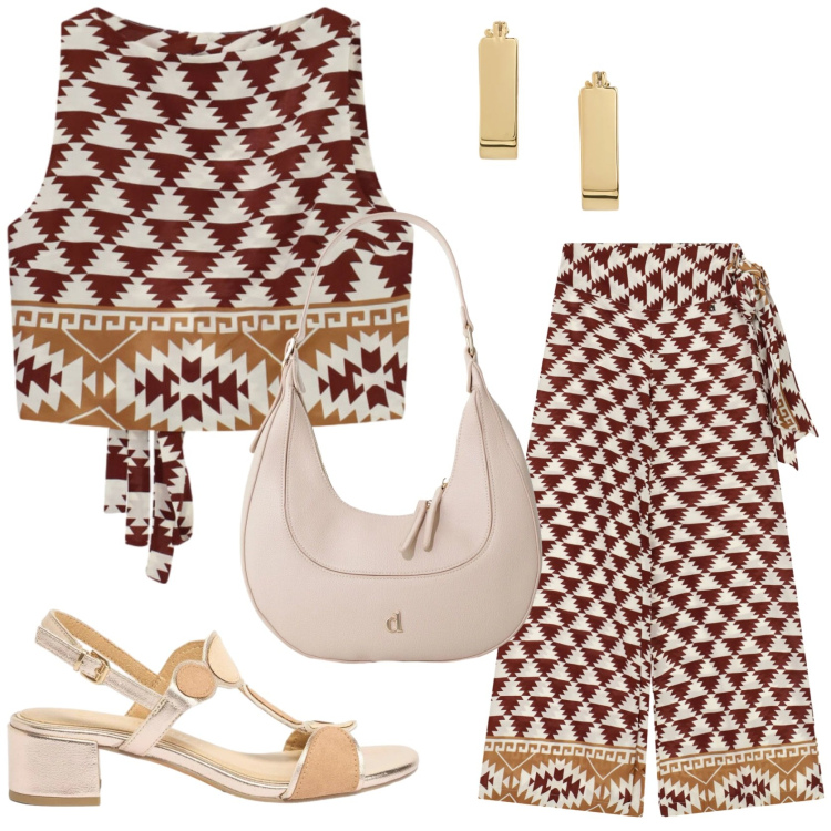 Outfit donna - Un completo fresco nell \'armadio. Stile Casual chic per Tutti i giorni. Abbinamento con sandali col tacco, top, pantaloni a palazzo, borse a tracolla, orecchini.
