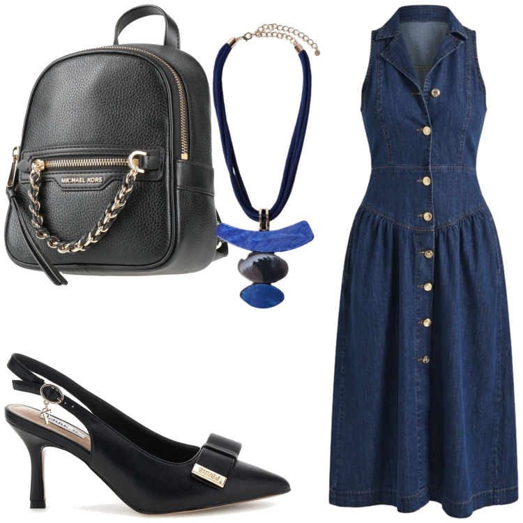 Outfit donna - Chemisier in ufficio. Stile Preppy per Ufficio. Abbinamento con zaini, vestiti chemisier, ciondoli, décolleté.