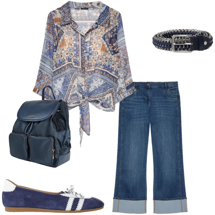 Outfit donna - In ufficio. Stile Casual per Ufficio. Abbinamento con zaini, ballerine, jeans dritti, bluse, cinture.