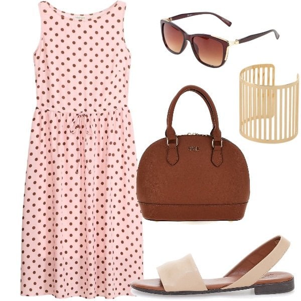 Outfit donna - Vestito midi a pois. Stile Chic per Tutti i giorni. Abbinamento con vestiti midi/longuette, occhiali da sole, braccialetti, sandali, borse a mano.
