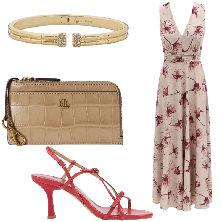 Outfit donna - Evento estivo in Rinascimento. Stile Romantica per Cerimonia. Abbinamento con sandali in pelle, vestiti lunghi, portafogli, braccialetti.