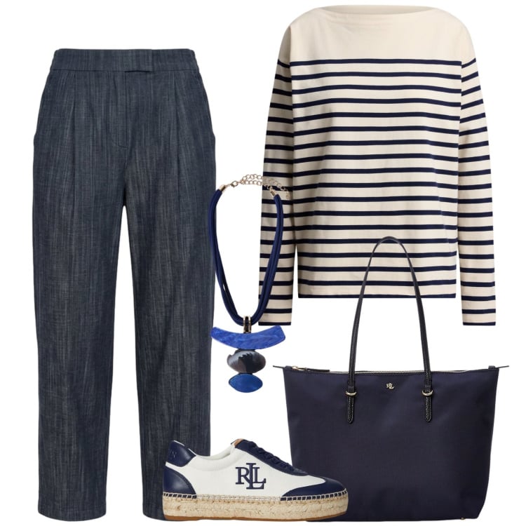 Outfit donna - Marina. Stile Casual per Serata fuori. Abbinamento con jeans, ciondoli, maglieria, borse tote, sneakers.