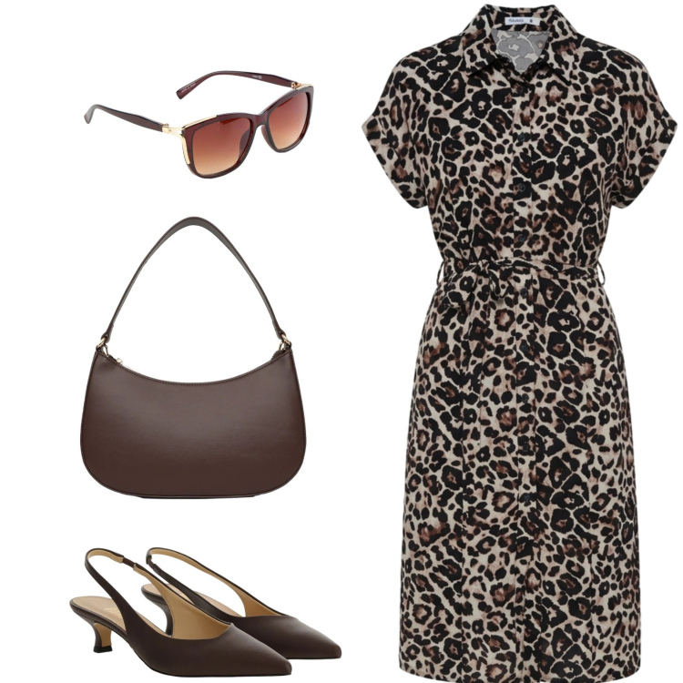 Outfit donna - Il vestito animalier. Stile Casual chic per Ufficio. Abbinamento con occhiali da sole, vestiti chemisier, borse a tracolla, décolleté.
