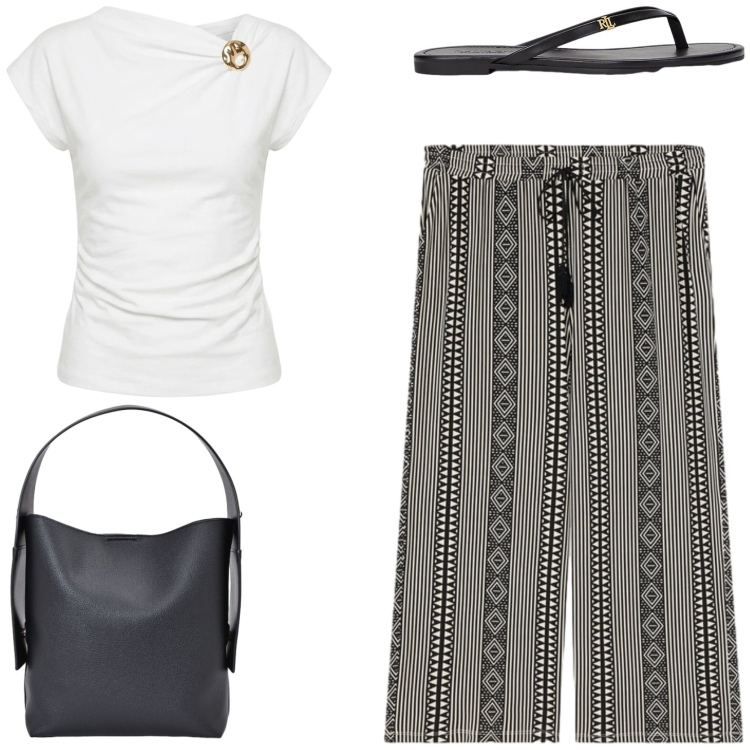 Outfit donna - Look facile e chic. Stile Casual chic per Tutti i giorni. Abbinamento con borse a spalla, pantaloni a palazzo, t-shirt, ciabatte.