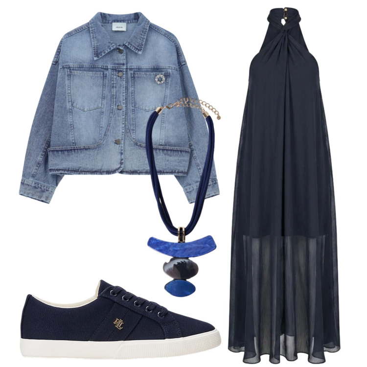 Outfit donna - Total look #2445858. Stile Casual chic per Serata fuori. Abbinamento con blazer, vestiti midi/longuette, ciondoli, sneakers.