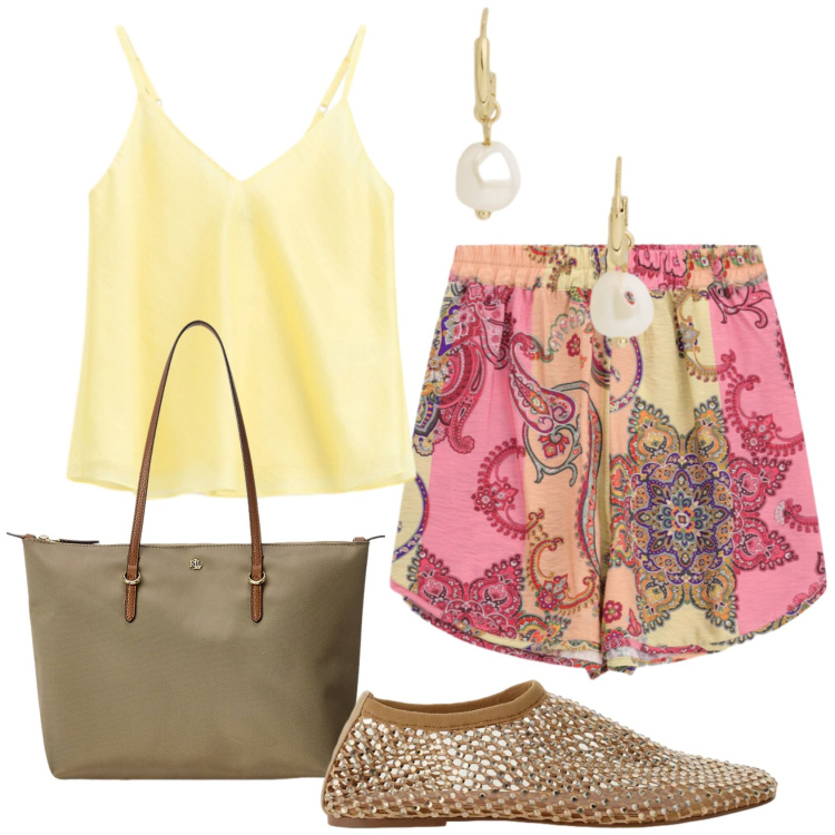 Outfit donna - Total look #2445867. Stile Urban per Tutti i giorni. Abbinamento con ballerine, top, shorts, borse tote, orecchini.