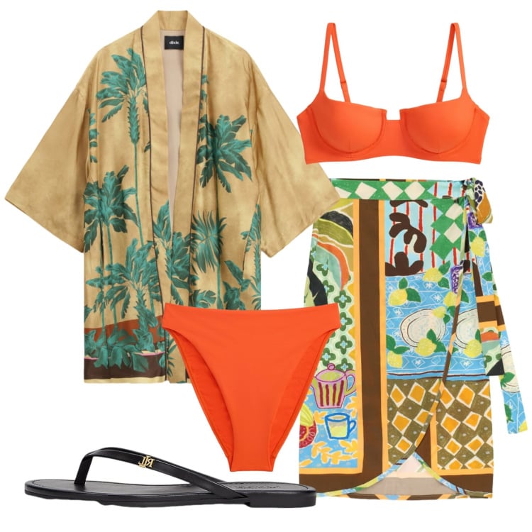 Outfit donna - Total look #2445873. Stile Etnico per Mare. Abbinamento con blazer, gonne longuette, ciabatte, bikini, bikini.