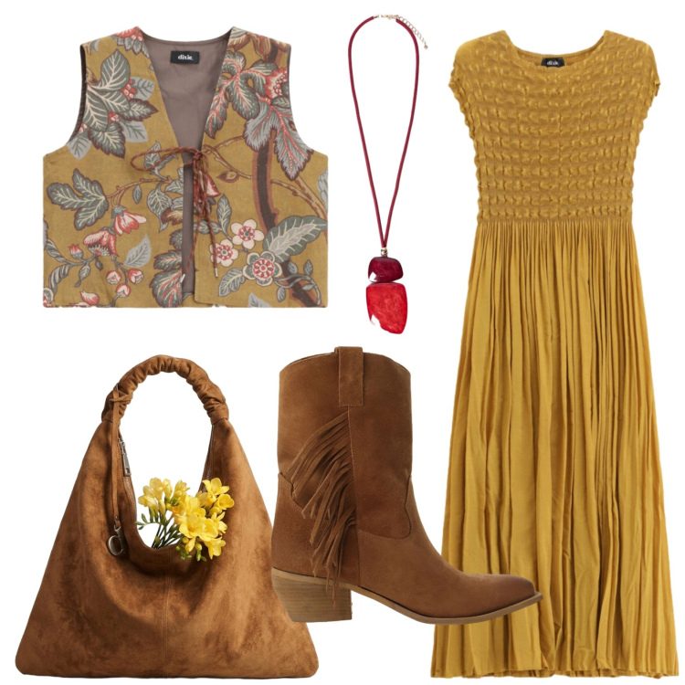 Outfit donna - Total look #2445892. Stile Boho per Tutti i giorni. Abbinamento con vestiti lunghi, gilet, stivali, cappotti, ciondoli.