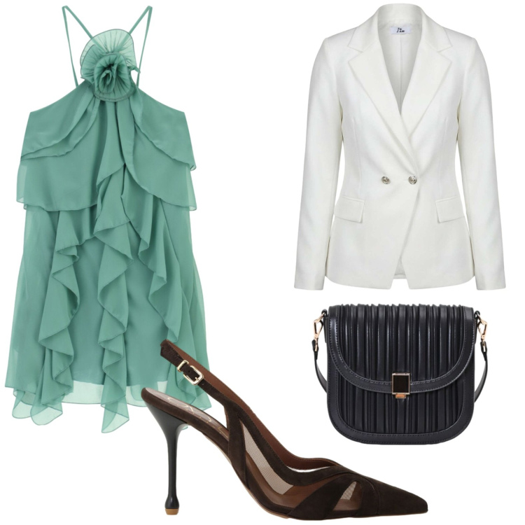 Outfit donna - Classe assoluta. Stile Casual per Serata fuori. Abbinamento con blazer, décolleté, vestiti corti, borse a tracolla.