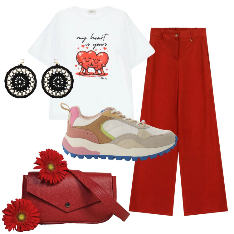 Outfit donna - Total look #2445907. Stile Casual per Tutti i giorni. Abbinamento con t-shirt, sneakers, borse a tracolla, orecchini, pantaloni a palazzo.