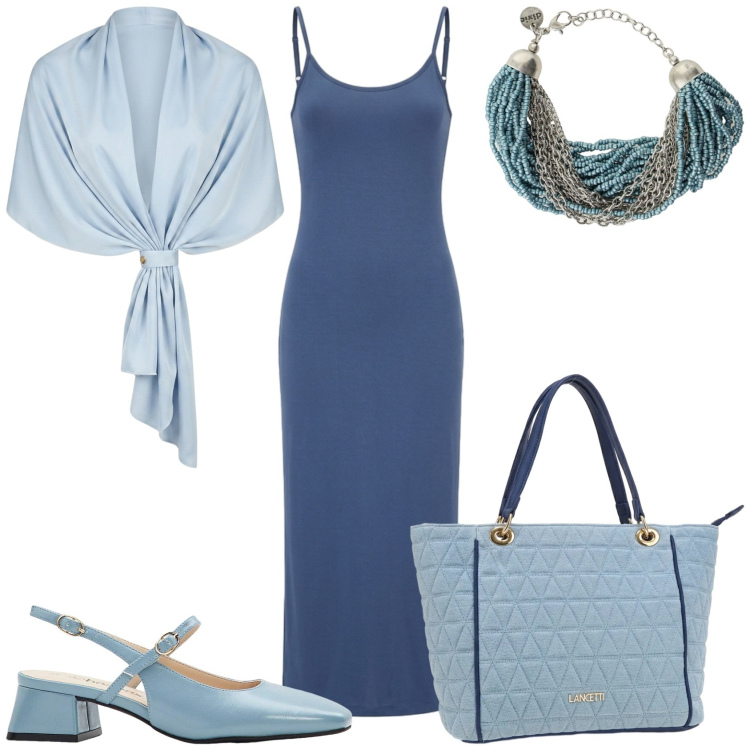 Outfit donna - Cerimonia di sera. Stile Glamour per Cerimonia. Abbinamento con décolleté, vestiti lunghi, braccialetti, stole, borse a spalla.