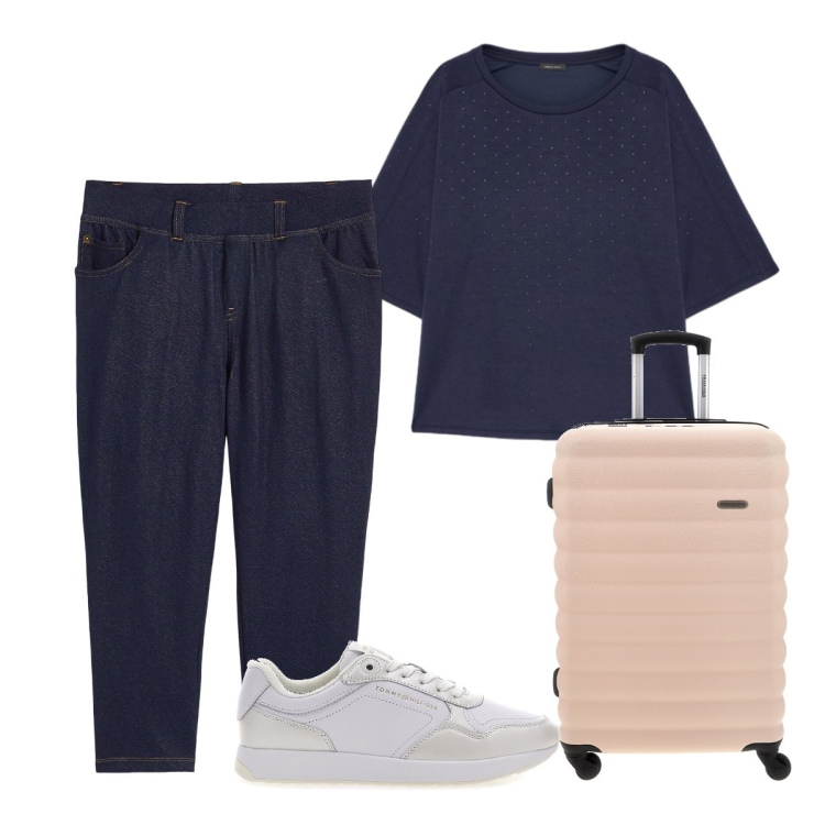 Outfit donna - Agosto. Stile Sporty chic per Tutti i giorni. Abbinamento con jeggings, felpe, sneakers, valigie.