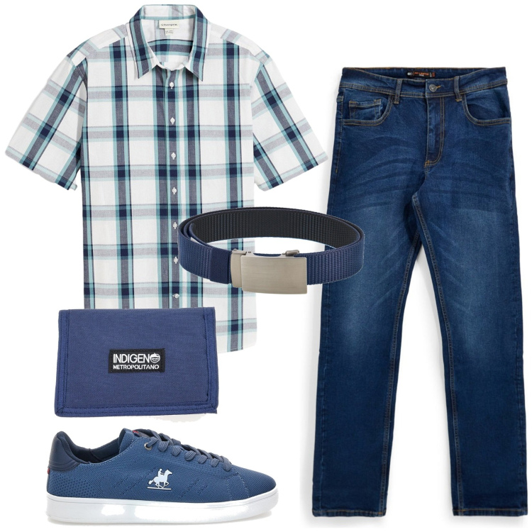 Outfit uomo - Total look #2445920. Stile Trendy per Tutti i giorni. Abbinamento con camicie a manica corta, cinture, portafogli, sneakers, jeans.