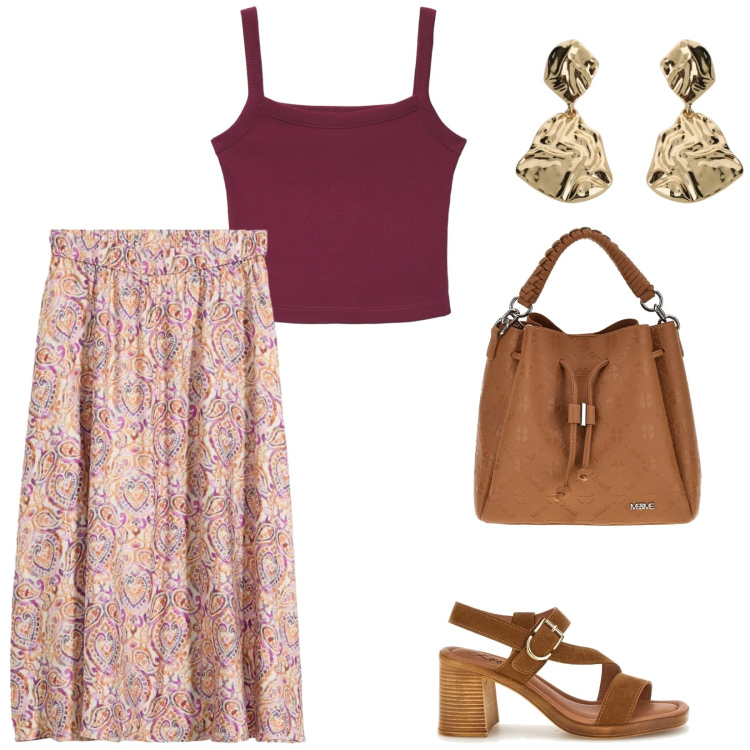 Outfit donna - Un giorno d\'estate. per Tutti i giorni. Abbinamento con gonne longuette, canottiere, orecchini, borse a tracolla, sandali col tacco.
