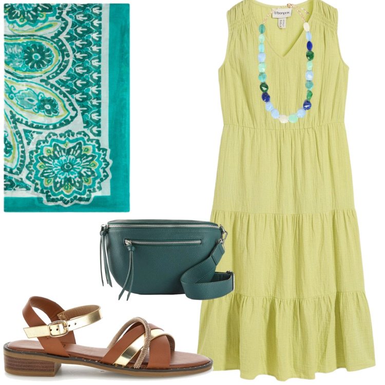 Outfit donna - Total look #2445923. Stile Boho per Tutti i giorni. Abbinamento con vestiti midi/longuette, marsupi, collane, foulard, sandali.
