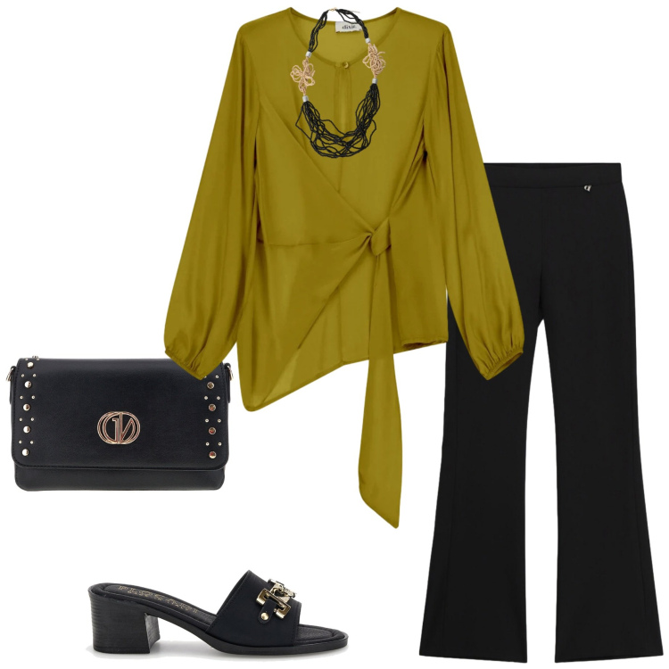 Outfit donna - Serata fuori. Stile Casual chic per Serata fuori. Abbinamento con bluse, collane, pantaloni, borse a tracolla, sandali col tacco.