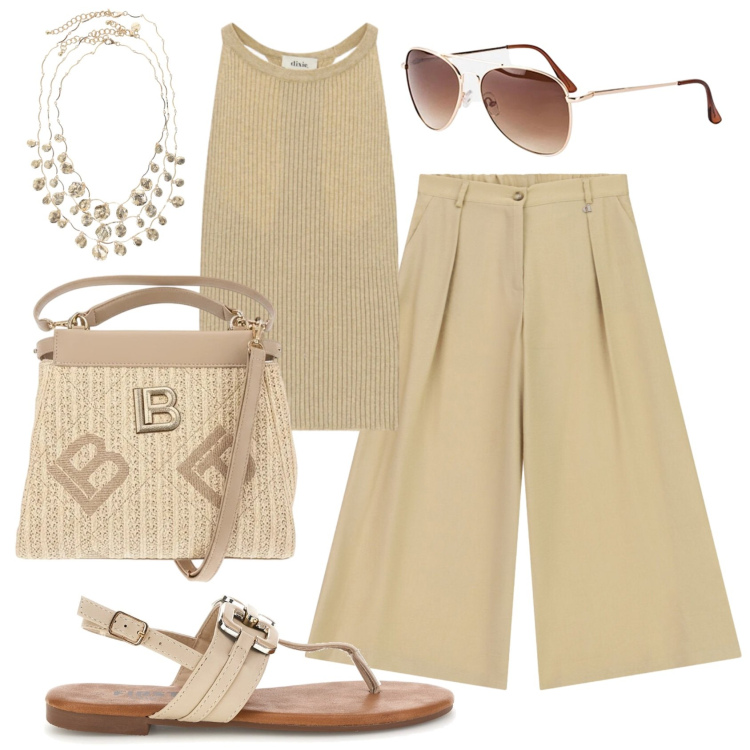 Outfit donna - Total look #2445933. Stile Minimal per Ufficio. Abbinamento con occhiali da sole, pantaloni a palazzo, collane, top, sandali, borse a tracolla.