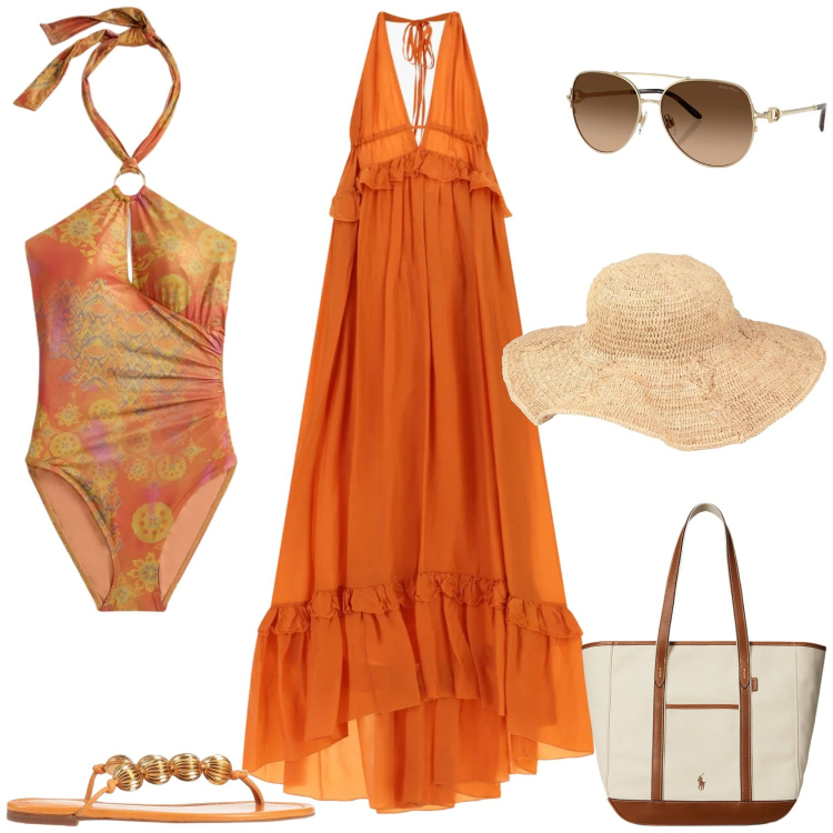 Outfit donna - Chic al mare. Stile Chic per Mare. Abbinamento con cappelli, ciabatte, vestiti lunghi, costumi interi, occhiali da sole, borse tote.