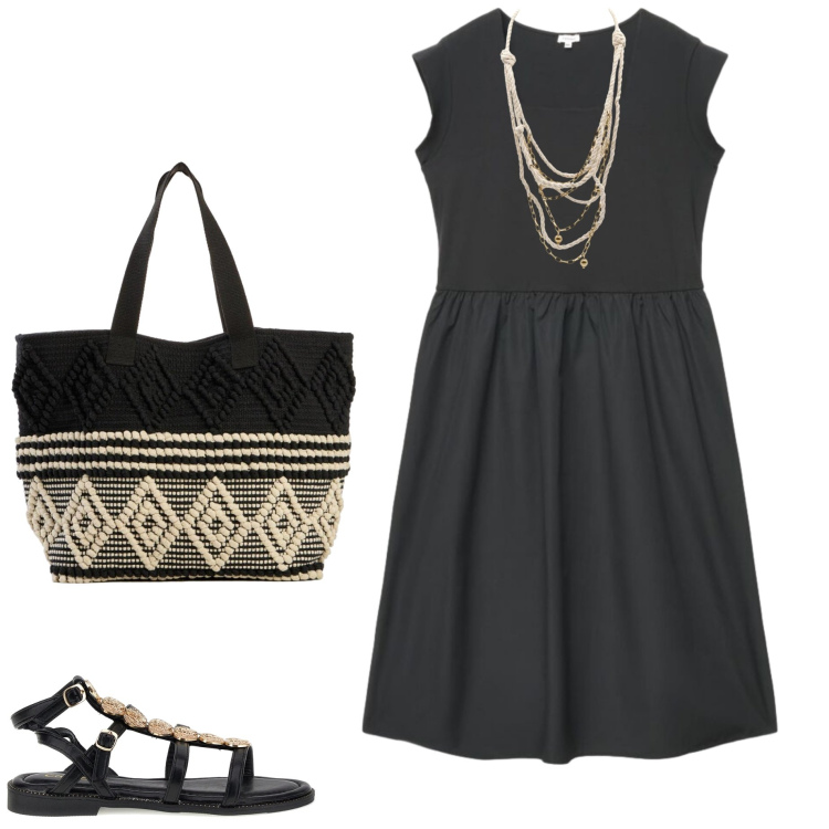 Outfit donna - Agosto. Stile Casual chic per Tutti i giorni. Abbinamento con shopping bag, vestiti corti, collane, sandali.