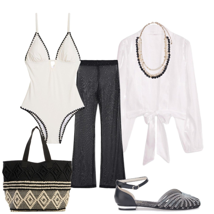 Outfit donna - Total look #2445947. Stile Glamour per Mare. Abbinamento con costumi interi, kimono, shopping bag, vestiti da spiaggia, collane, sandali gioiello.