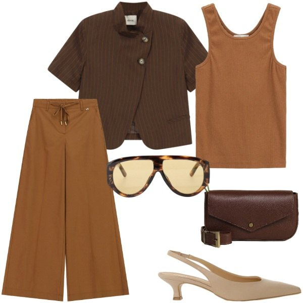 Outfit donna - Riflessi di Fine Estate. Stile Casual chic per Tutti i giorni. Abbinamento con pantaloni a palazzo, blazer, top, borse a tracolla, décolleté, occhiali da sole.