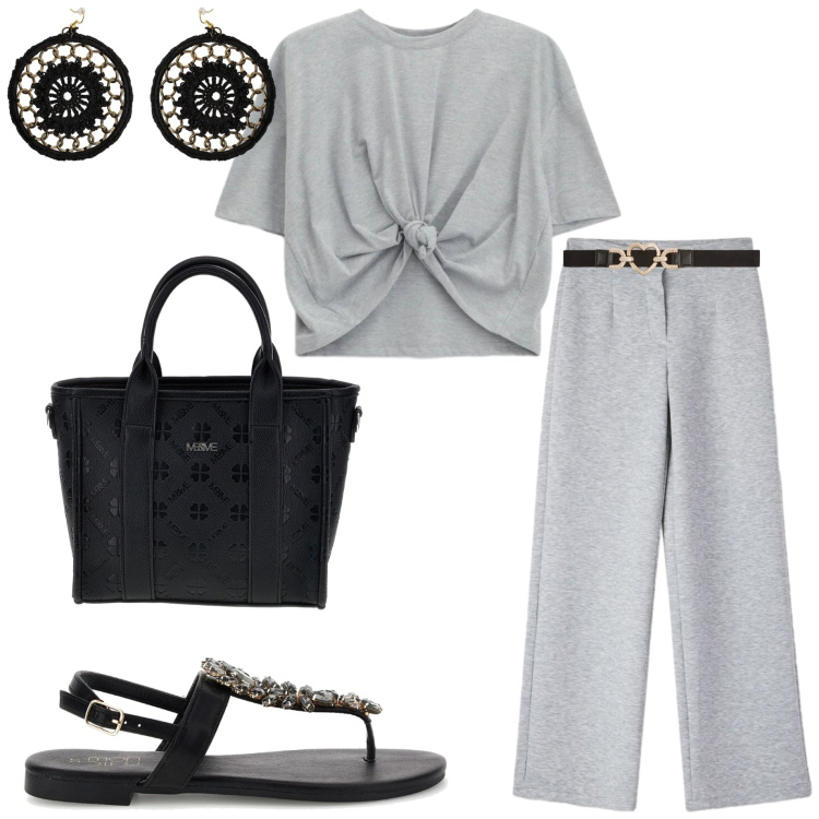 Outfit donna - In città. Stile Casual chic per Ufficio. Abbinamento con cinture, pantaloni, t-shirt, orecchini, sandali gioiello, borse a tracolla.