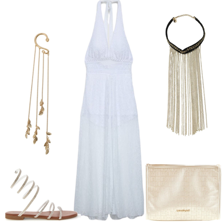 Outfit donna - Serata in tuta. Stile Trendy per Serata fuori. Abbinamento con tuta corta, orecchini, collane, pochette, sandali.