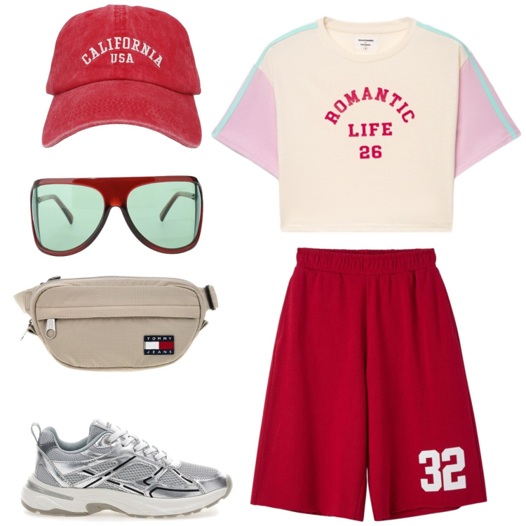 Outfit donna - Corsa mattutina. Stile Sporty chic per Sport. Abbinamento con cappelli con visiera, bermuda, t-shirt, occhiali da sole, sneakers, borse sportive.