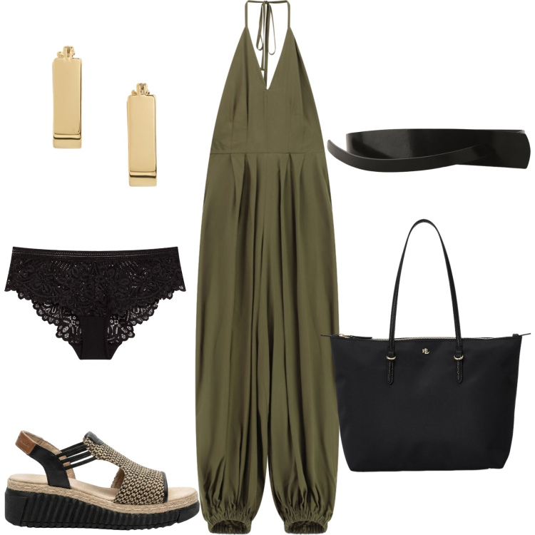 Outfit donna - In giro. Stile Boho per Tutti i giorni. Abbinamento con culotte, sandali, cinture, tute, borse tote, orecchini.