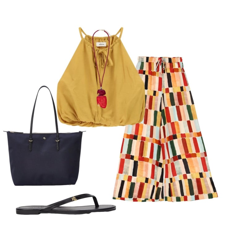 Outfit donna - Estate vivace. Stile Glamour per Tutti i giorni. Abbinamento con top, pantaloni a palazzo, ciondoli, borse tote, ciabatte.