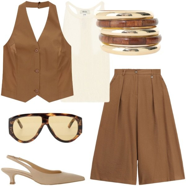 Outfit donna - Sfumature d\'Ambra al Tramonto. Stile Casual chic per Serata fuori. Abbinamento con braccialetti, top, décolleté, occhiali da sole, gilet, pantaloni a palazzo.