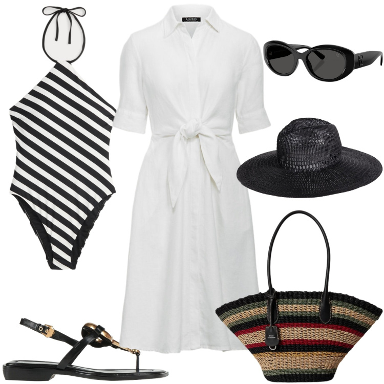Outfit donna - Chic al mare. Stile Chic per Mare. Abbinamento con cappelli, infradito, vestiti chemisier, costumi interi, occhiali da sole, borse tote.