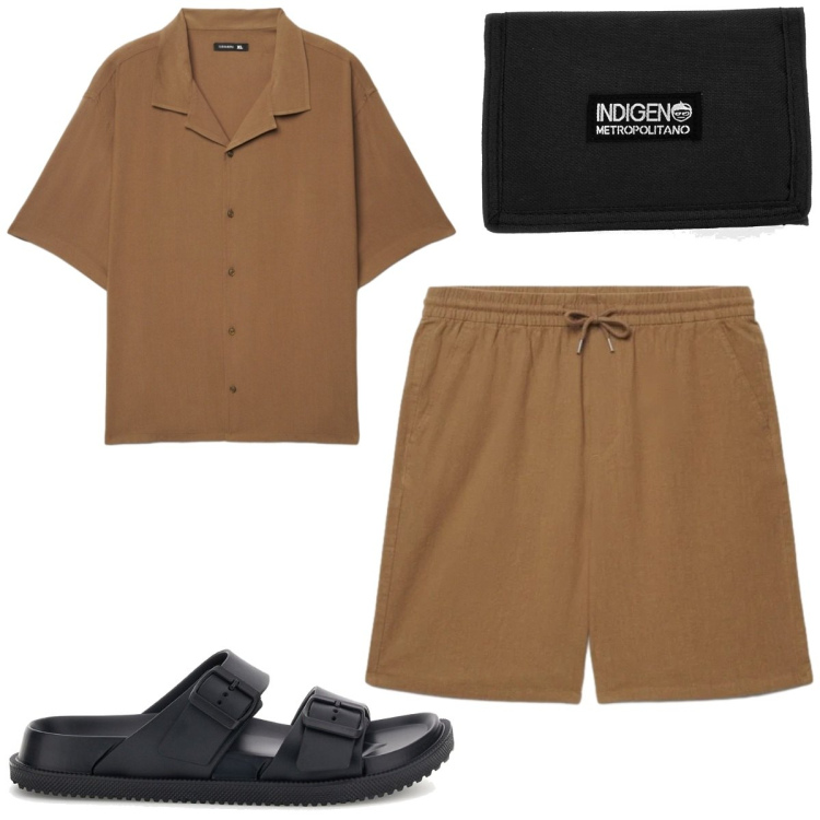 Outfit uomo - Resort mood. Stile Casual per Tutti i giorni. Abbinamento con camicie a manica corta, shorts, portafogli, sandali.