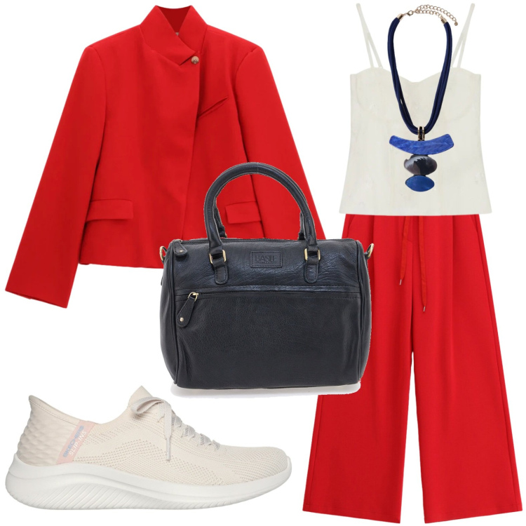 Outfit donna - Borsa blu intenso. Stile Casual per Ufficio. Abbinamento con pantaloni a palazzo, blazer, top, ciondoli, sneakers, borse a tracolla.