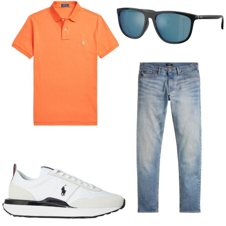 Outfit uomo - Colori accesi. Stile Casual per Tutti i giorni. Abbinamento con polo, sneakers, occhiali da sole, jeans.