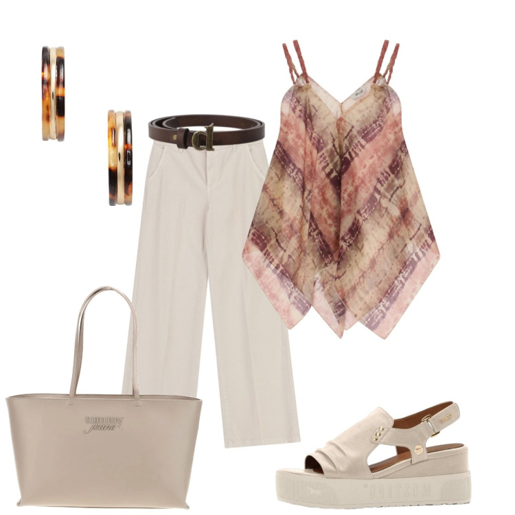 Outfit donna - Passeggiata al mare. Stile Boho per Serata fuori. Abbinamento con sandali, pantaloni a palazzo, top, cinture, orecchini, borse a spalla.