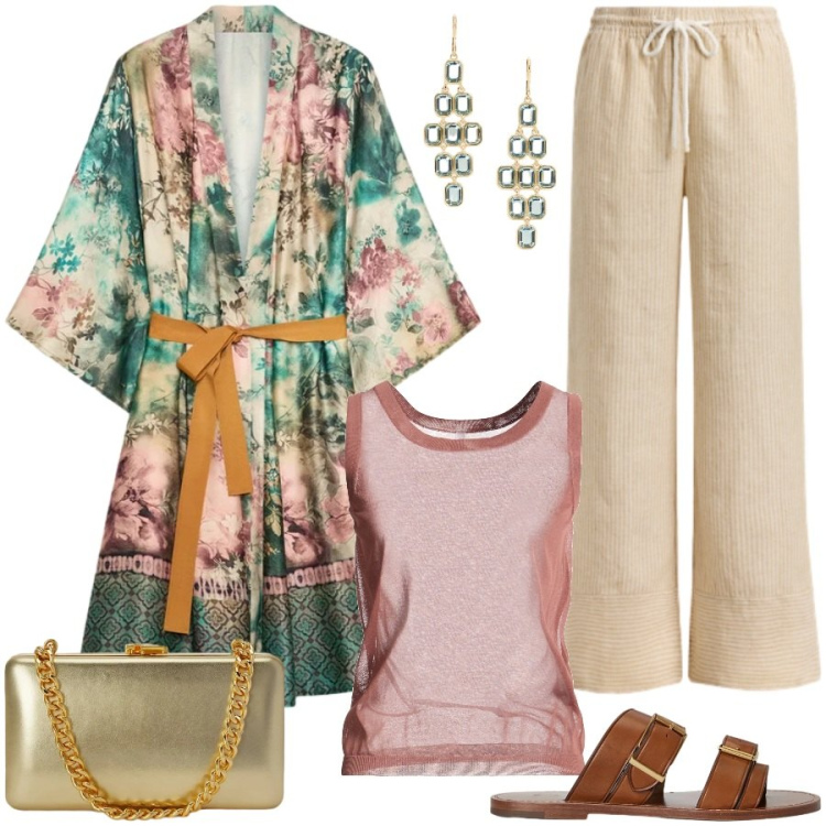 Outfit donna - Il kimono da sera. Stile Etnico per Serata fuori. Abbinamento con top, kimono, pantaloni, clutch, sandali in pelle, orecchini.