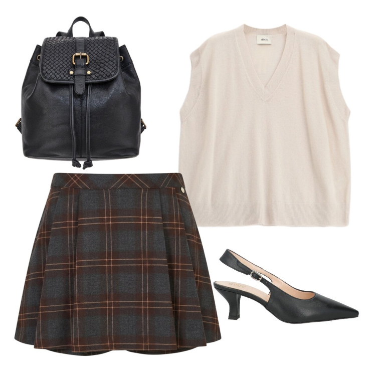 Outfit donna - Ufficio agosto. Stile Preppy per Ufficio. Abbinamento con décolleté, maglieria, minigonne, zaini.