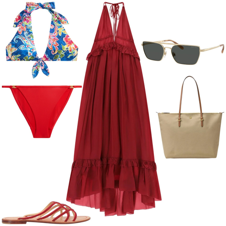 Outfit donna - Chic al mare. Stile Chic per Mare. Abbinamento con ciabatte, vestiti lunghi, occhiali da sole, borse tote, bikini, culotte.